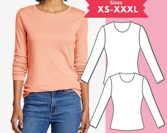 PDF Long Sleeve T-shirt Sewing Pattern Crewneck Stretchy Knit Top Pattern Size XS-XXXL Digital Download Sewing Tutorial Printable Pattern