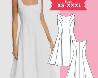 PDF Flared Dress Sewing Pattern Sleeveless Square Neck Midi Dress Pattern Size XS-XXXL Digital Download Sewing Tutorial Printable PDFPattern