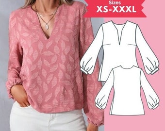 PDF Long Sleeve V neck Top Sewing Pattern Bishop Sleeve Blouse Pattern Size XS-XXXL Digital Download Sewing Tutorial Printable pdf Pattern
