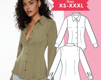Patron de chemise cintrée pdf patron de chemise boutonnée à manches longues taille XS-XXL Tutoriel de couture en téléchargement numérique Patron PDF imprimable