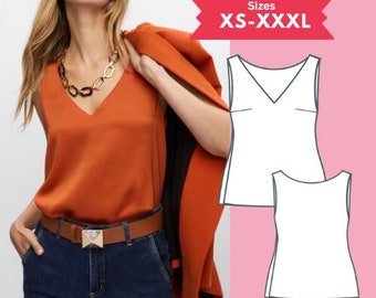 PDF Sleeveless Top Sewing Pattern V-neck Camisole Vest Tank Top Woven Pattern Size XS-XXL Digital Download Sewing Tutorial Printable Pattern
