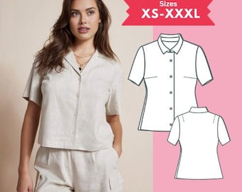 Button up Shirt pdf Sewing Pattern Short Sleeve Loose Fit Blouse Pattern Size XS-XXL Digital Download Sewing Tutorial Printable PDF Pattern