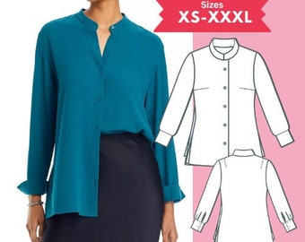 Long Sleeve Top pdf Pattern Mandarin Collar Shirt Sewing Pattern Size XS-XXXL Woven Top Pattern Digital Download Sewing Tutorial Printable