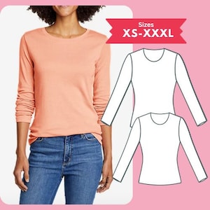 PDF Long Sleeve T-shirt Sewing Pattern Crewneck Stretchy Knit Top Pattern Size XS-XXXL Digital Download Sewing Tutorial Printable Pattern