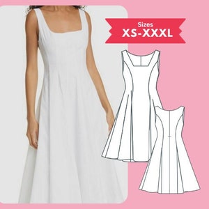PDF Flared Dress Sewing Pattern Sleeveless Square Neck Midi Dress Pattern Size XS-XXXL Digital Download Sewing Tutorial Printable PDFPattern
