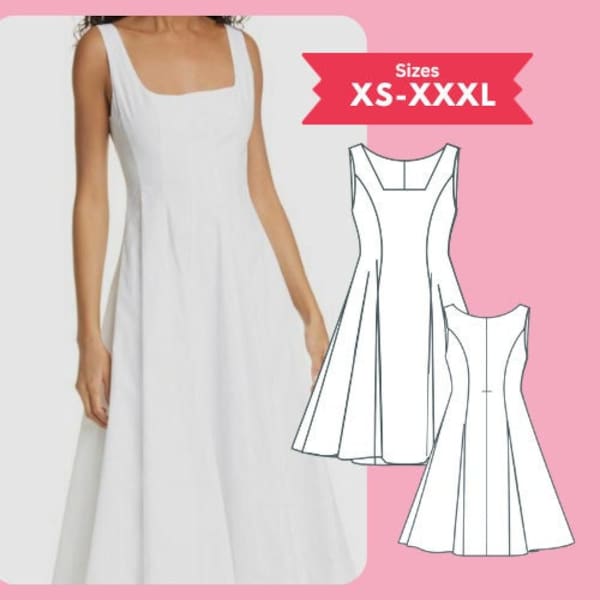 PDF uitlopende jurk naaipatroon mouwloze midi-jurk met vierkante hals patroon maat XS-XXXL digitale download naai-instructie afdrukbare PDFPattern