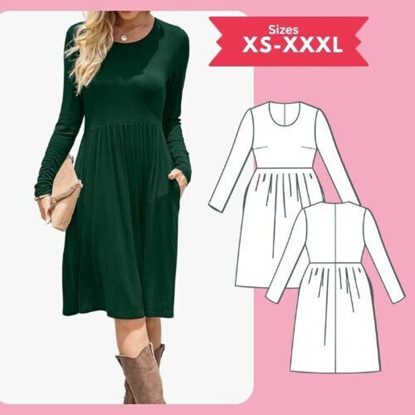 PDF Smock Dress Sewing Pattern Gather waist Long Sleeve Pocket Dress Pattern Size XS-XXXL Digital Download Tutorial Printable Pdf Pattern