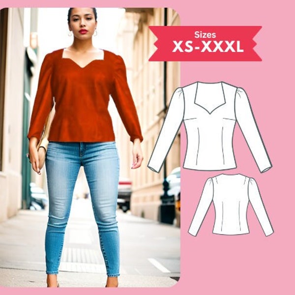 Sweetheart Top PDF Sewing Pattern Long Puff Sleeve Blouse Shirt Pattern Size XS-XXXL Digital Download Sewing Tutorial Printable pdfPattern