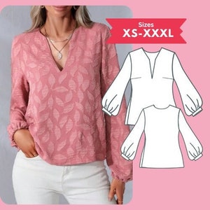 PDF Long Sleeve V neck Top Sewing Pattern Bishop Sleeve Blouse Pattern Size XS-XXXL Digital Download Sewing Tutorial Printable pdf Pattern