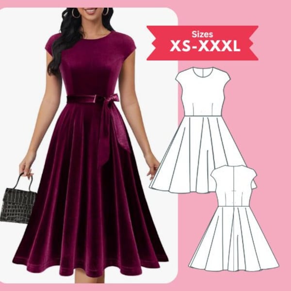 Drop Shoulder Dress PDF Sewing Pattern Cap Sleeve Flared Dress Knit Pattern Size XS-XXXL Digital Download Sewing Tutorial Printable Pattern