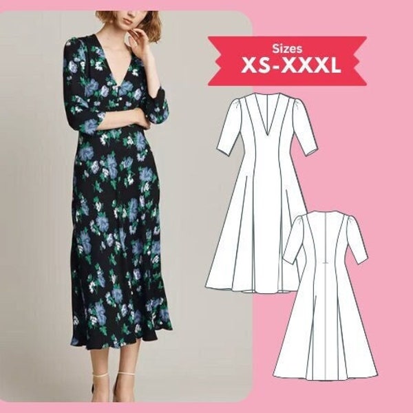 PDF Flared Dress Sewing Pattern Deep V-Neck Puff Sleeve Swing Dress Pattern Size XS-XXXL Digital Download Sewing Tutorial Printable Pattern