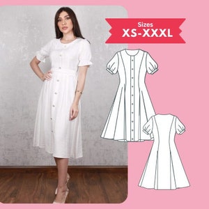 May include: A white button-down dress with a fitted bodice and a full skirt. The dress has short sleeves with a puff detail at the shoulder. The dress is shown in two views, one with a model wearing the dress and the other with a line drawing of the dress. The text "Sizes XS-XXXXL" is shown in a red banner.