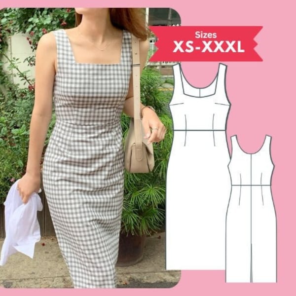 PDF Square Neck Dress Sewing Pattern Sleeveless Midi Length Dress Pattern Size XS-XXL Digital Download Sewing Tutorial Printable pdf Pattern