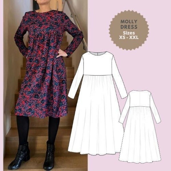 Babydoll Dress pdf Sewing Pattern Diy Long Sleeve Empire Waist Smock Dress Size XS-XXL Printable Digital Pattern PDF Pattern + Hacking Guide