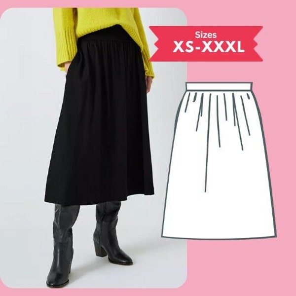 PDF Gathered Waist Skirt Sewing Pattern Women Size XS-XXXL Knit Pocket Skirt Pattern Digital Download Sewing Tutorial Printable pdf Pattern