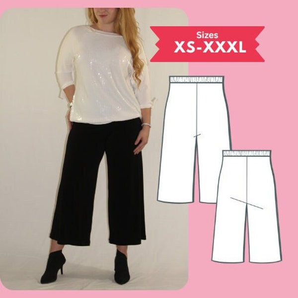 Crop Pants pdf Sewing Pattern Women Size XS-XXXL Wide Leg Flare Elastic Waist Pants Digital Download Sewing Tutorial Printable PDF Pattern