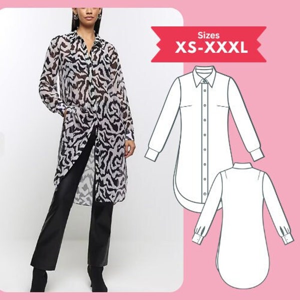 Longline Shirt pdf Schnittmuster Langarm Button Down Tunika Shirt Schnittmuster Grösse XS-XXL Digitaler Download Nähanleitung Printable Pattern