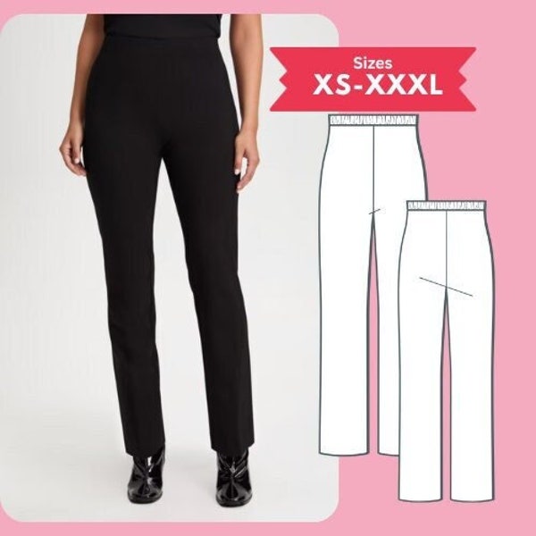 Patron de couture de pantalons droits pdf taille femme XS-XXXL taille élastique pantalon à enfiler téléchargement numérique tutoriel de couture patron PDF imprimable