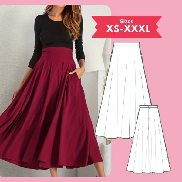 Circle Skirt pdf Sewing Pattern Flared Skirt Pocket Midi Swing Skirt Women Size XS-XXXL Digital Download Sewing Tutorial Printable Pattern