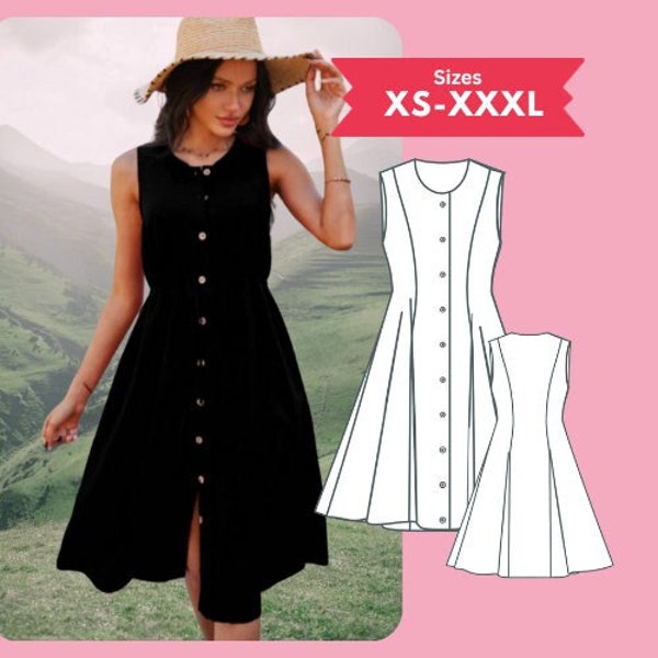 Button Front Dress pdf Sewing Pattern Diy Sleeveless Shirt Dress Pattern Size XS-XXXL Digital Download Sewing Tutorial Printable PDF Pattern