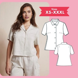 Patron de chemise boutonné en pdf Manches courtes coupe décontractée Patron de chemisier taille XS-XXL Tutoriel de couture en téléchargement numérique Patron PDF imprimable