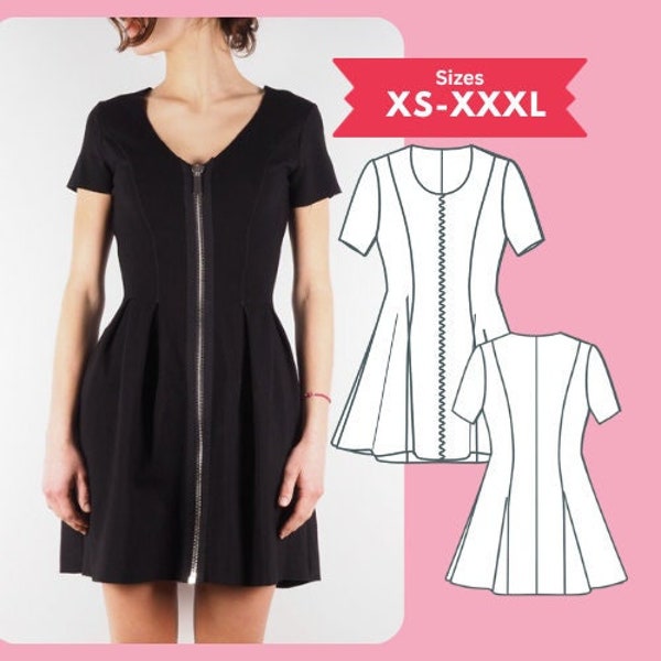 Front Zipper Dress pdf Sewing Pattern Fit & Flare Short Sleeve Dress Pattern Size XS-XXXL Digital Download Sewing Printable PDF Pattern