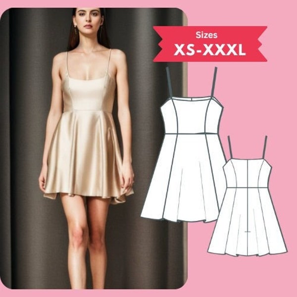 Pdf Spaghetti Strap Dress Sewing Pattern Women Size XS-XXXL Thin strap Flared Dress Digital Download Sewing Tutorial Printable PDF Pattern
