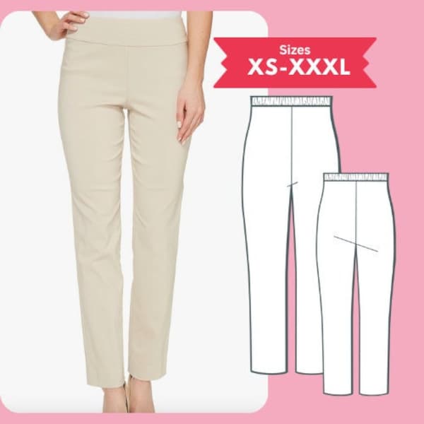 Patron de couture pantalon slim pdf taille femme XS-XXXL pantalon slim à enfiler élastique à la cheville tutoriel de couture téléchargement numérique patron PDF imprimable