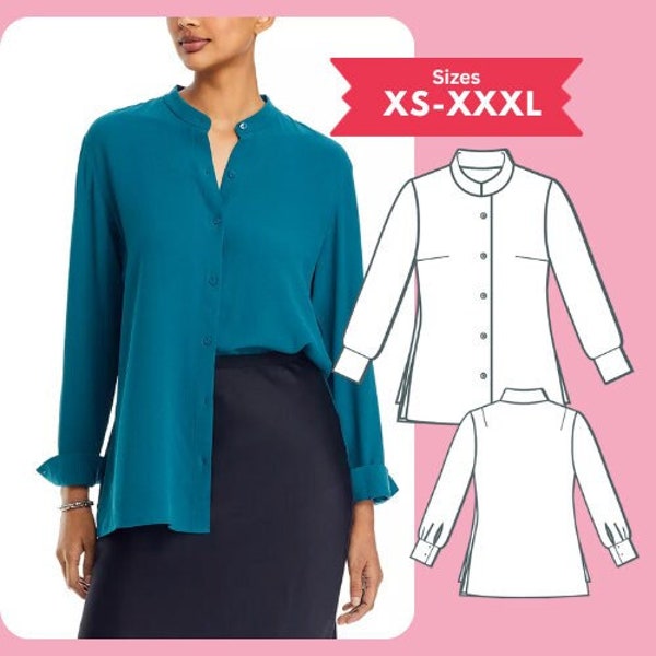 Long Sleeve Top pdf Pattern Mandarin Collar Shirt Sewing Pattern Size XS-XXXL Woven Top Pattern Digital Download Sewing Tutorial Printable