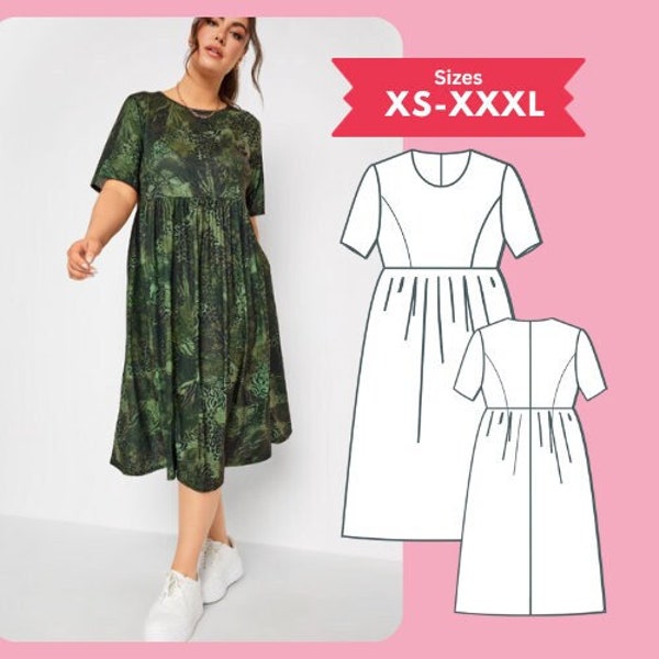 Babydoll Kleid pdf Schnittmuster Midi Empire Taille Kittel Kleid Muster Größe XS-XXXL Digitaler Download Nähanleitung Printable PDF Pattern