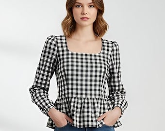 Peplum Blouse pdf Sewing Pattern Square Neck Long Puff Sleeve Long PDFPattern Digital Download