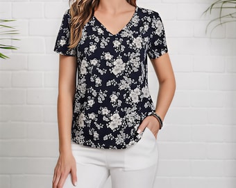 Vneck Top PDF Sewing Pattern Short Sleeve Blouse Shirt Summer Top pdfPattern Digital Download