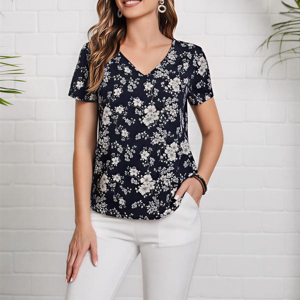 Vneck Top PDF Sewing Pattern Short Sleeve Blouse Shirt Summer Top pdfPattern Digital Download
