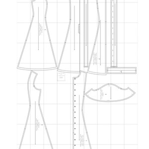May include: A sewing pattern for a dress with a fitted bodice and a flared skirt. The pattern includes instructions for cutting and sewing the dress. The pattern is printed on white paper with black lines.