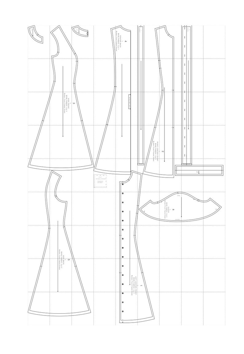 May include: A sewing pattern for a dress with a fitted bodice and a flared skirt. The pattern includes instructions for cutting and sewing the dress. The pattern is printed on white paper with black lines.