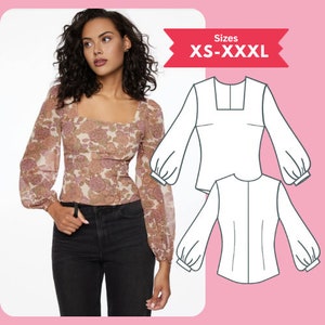 Modello di cucito per camicetta con scollo quadrato in PDF Modello di top a maniche lunghe con maniche a vescovo Taglia XS-XXXL Download digitale Tutorial di cucito Modello stampabile