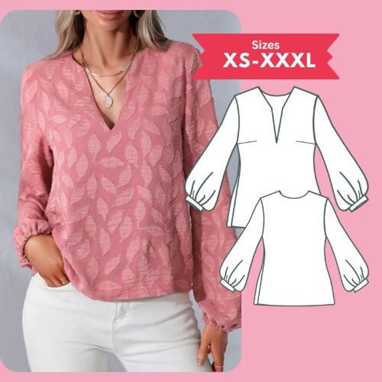 PDF Long Sleeve V Neck Top Sewing Pattern Bishop Sleeve Blouse ...