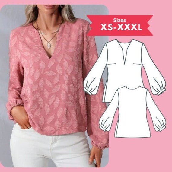 PDF Long Sleeve V Neck Top Sewing Pattern Bishop Sleeve