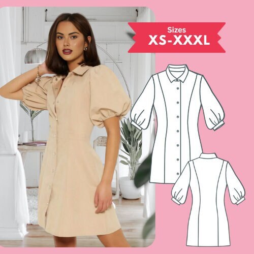 A-line Shirt Dress PDF Sewing Pattern, Bishop Sleeve (XS-XXXL) - Etsy