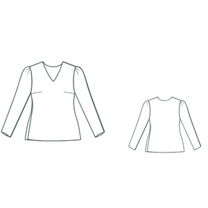 May include: Line drawing of two long-sleeved shirts with a V-neck and a round neck. Both shirts have puffed sleeves and a slightly fitted silhouette.