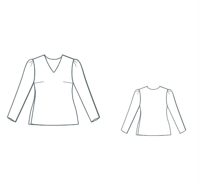 May include: Line drawing of two long-sleeved shirts with a V-neck and a round neck. Both shirts have puffed sleeves and a slightly fitted silhouette.