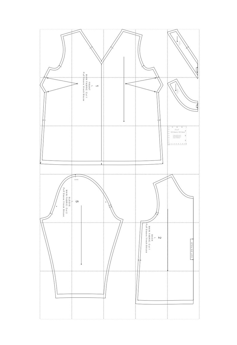 May include: A sewing pattern for a sleeveless top with a V-neck. The pattern includes instructions for cutting the fabric and sewing the pieces together. The pattern is for a size 1, 2, and 5.