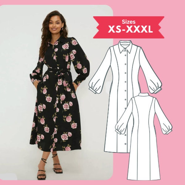 Shirt Dress pdf Sewing Pattern Bishop Long Sleeve Pocket Dress Pattern Size XS-XXXL Digital Download Sewing Tutorial Printable PDF Pattern