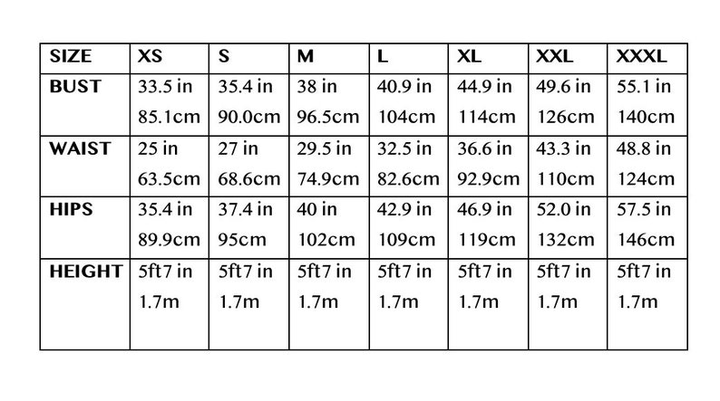 Puede incluir: Tabla de tallas que muestra las medidas de busto, cintura, caderas y altura en pulgadas y cent&iacute;metros para las tallas XS, S, M, L, XL, XXL y XXXL.