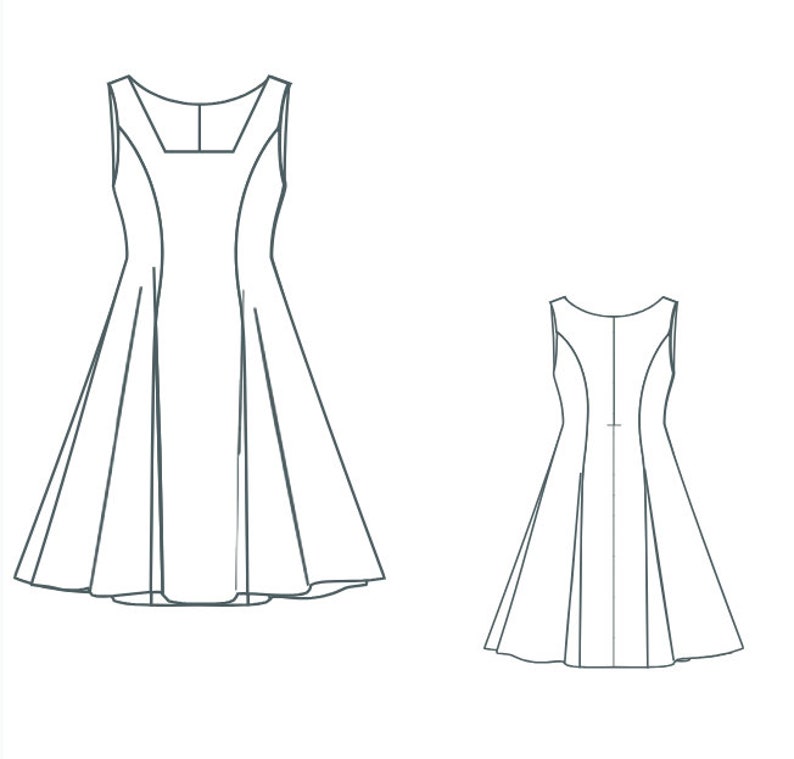 Puede incluir: Dibujo de l&iacute;nea de un vestido sin mangas con escote cuadrado y falda acampanada. El vestido se muestra de frente y de espalda.