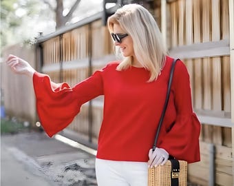 Bell Sleeve Blouse PDF Sewing Pattern Flute Trumpet Sleeve Top PDFPattern Size XS-XXXL Digital