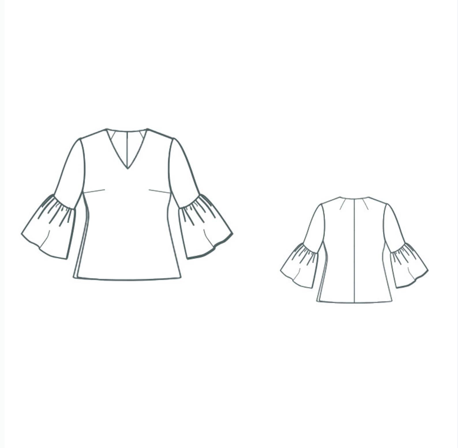 Bell Sleeve Top Sewing Pattern, V-neck Blouse Ruffle Hem Arm (PDF ...