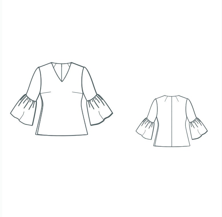 Bell Sleeve Top Sewing Pattern, V-neck Blouse Ruffle Hem Arm (PDF ...