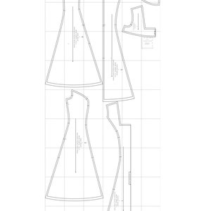 Puede incluir: Un patr&oacute;n de costura para un vestido con cuatro piezas: un corpi&ntilde;o delantero, un corpi&ntilde;o trasero, una falda delantera y una falda trasera. El patr&oacute;n incluye instrucciones para cortar y coser el vestido.