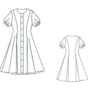 May include: A white dress with a button-up front and short puffed sleeves. The dress has a fitted bodice and a flared skirt.